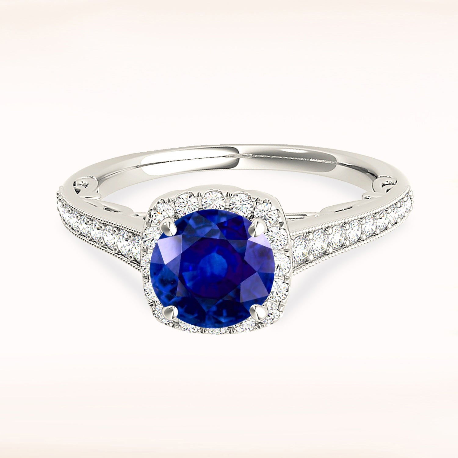 1.80 ct. Genuine Blue Round Sapphire Ring with 0.35 ctw. Diamond Cushion Halo, Filigree Side Accent Diamond Band | Round Sapphire Halo Ring-VIRABYANI